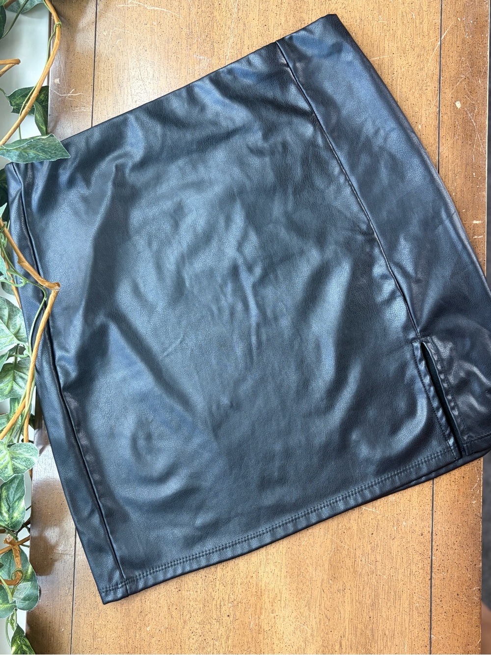 Black Faux Leather Mini Skirt High Waisted Side Slit Edgy Night Out Club